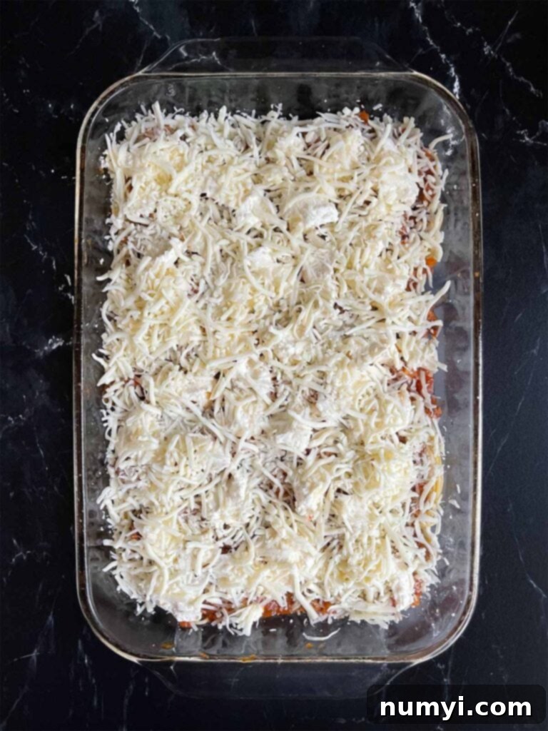 Mozzarella cheese sprinkled over the Romano cheese for baked spaghetti.