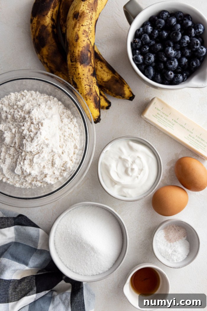 Overhead view of all the ingredients to make blueberry banana muffins. 