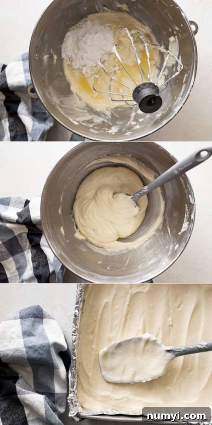 Three pictures showing how to make the cream cheese layer.