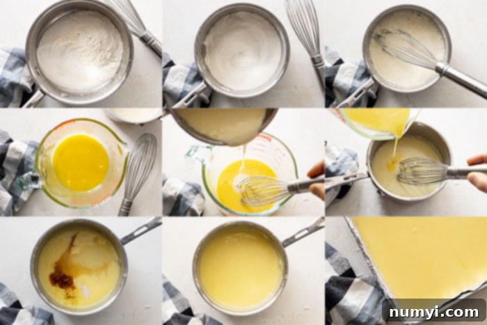 Nine pictures showing how to make the lemon pudding layer.