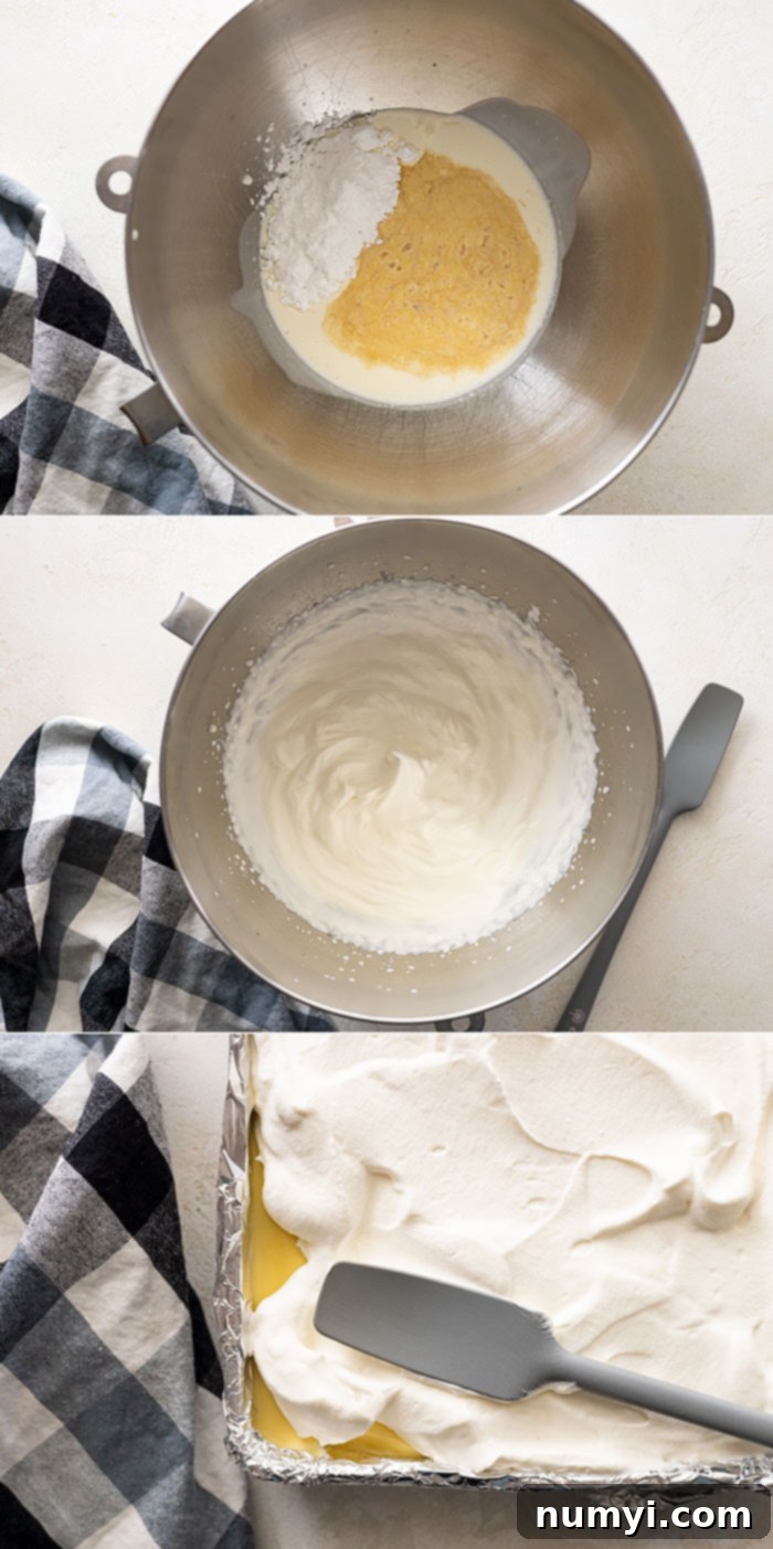 Three pictures showing how to make the whipped cream layer.