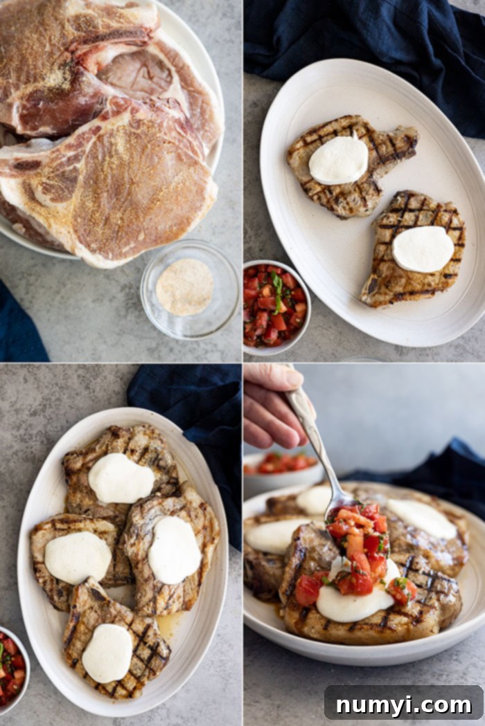 Flavorful Bruschetta Pork Chops 4 Four pictures showing how to make these delicious pork chops.