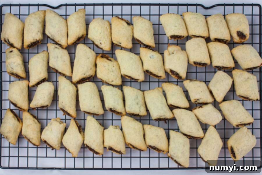 Baked Italian Fig Cookies (Cucidati) cooling on a wire rack, with a light golden brown color.