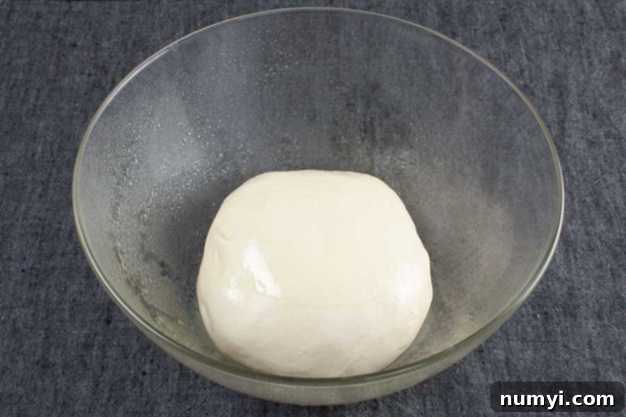 Bread dough after being shaped into a ball and placed in a greased glass bowl for its first rise.