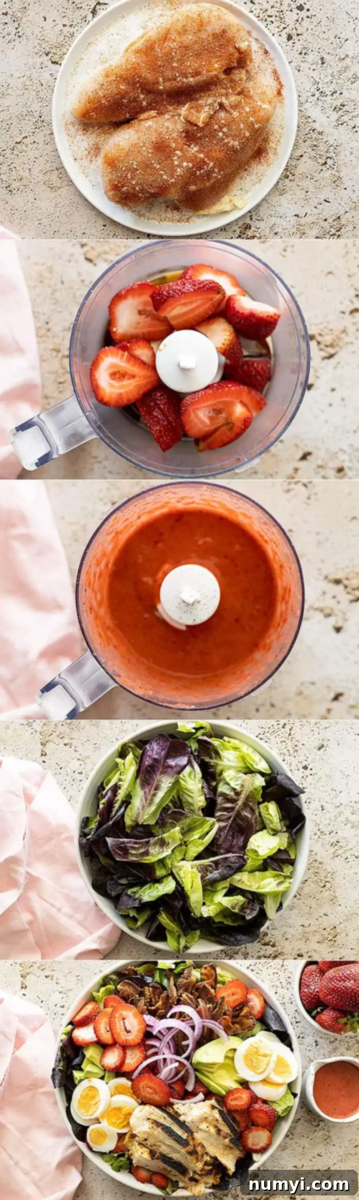 A collage of five process shots showing how to prepare the Strawberry Cobb Salad, from grilling chicken to assembling the final dish.