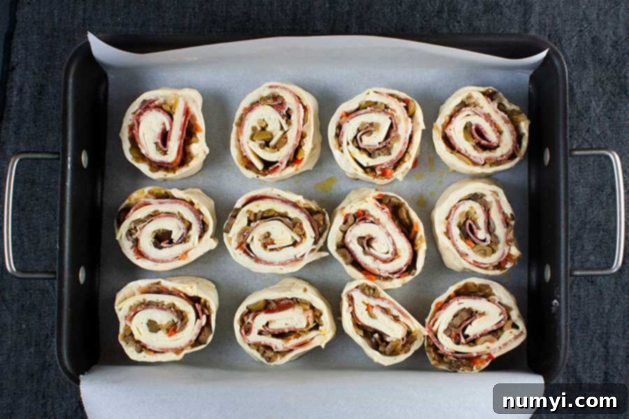 Muffuletta spirals. Cut into 12 equal shapes waiting to go into the oven