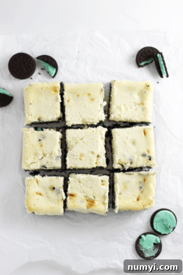 Delicious Mint Oreo Cheesecake Bars, perfectly cut into squares