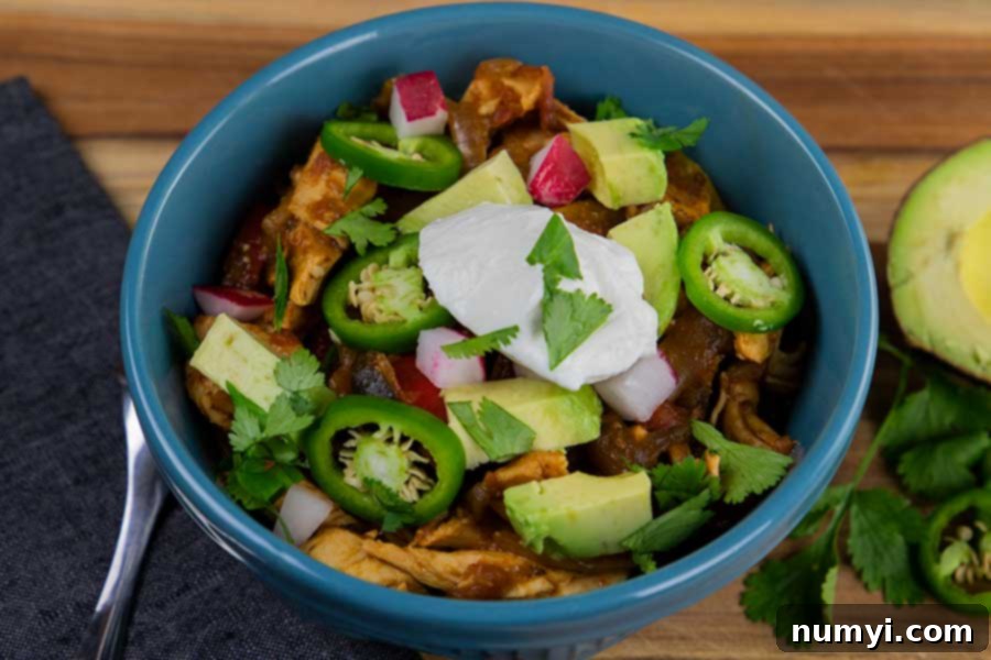 A blue bowl of chicken fajita stew, garnished with fresh toppings.