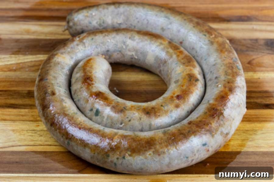 Authentic Homemade Fennel Italian Sausage Recipe 2 Cooked Italian sausage ring on a wooden cutting board, ready to be sliced and served.