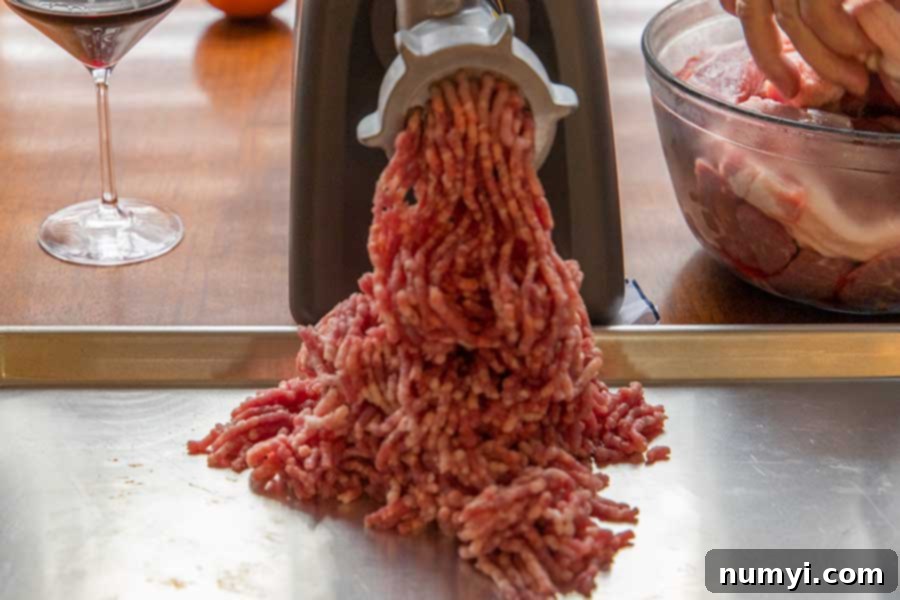 Authentic Homemade Fennel Italian Sausage Recipe 5 Pork butt being ground in a meat grinder, falling onto a large baking sheet.