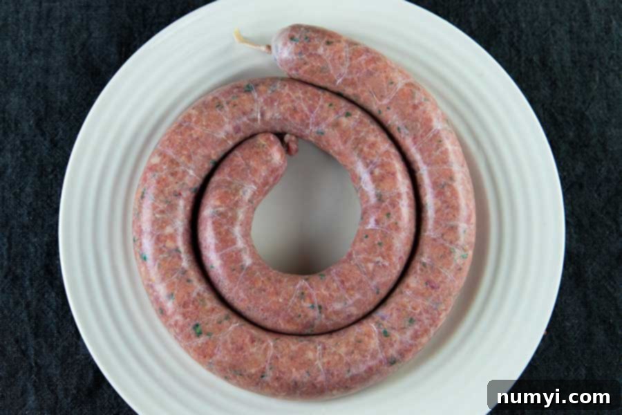 Authentic Homemade Fennel Italian Sausage Recipe 9 A coil of uncooked Italian sausage resting on a light plate, ready for chilling or cooking.