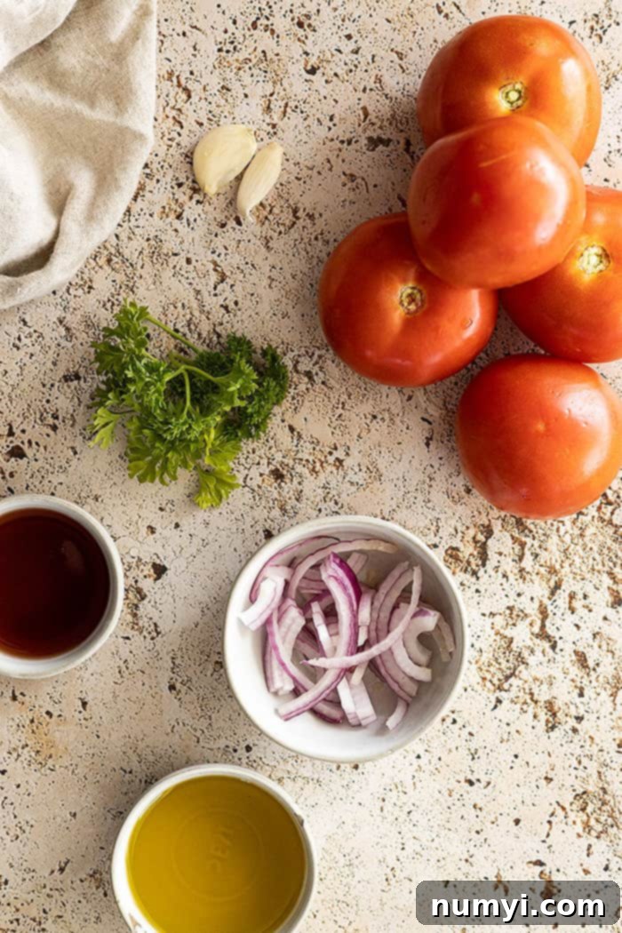 overhead: fresh ingredients laid out on a white surface for making marinated tomatoes, including whole tomatoes, red onion, garlic, olive oil, and herbs