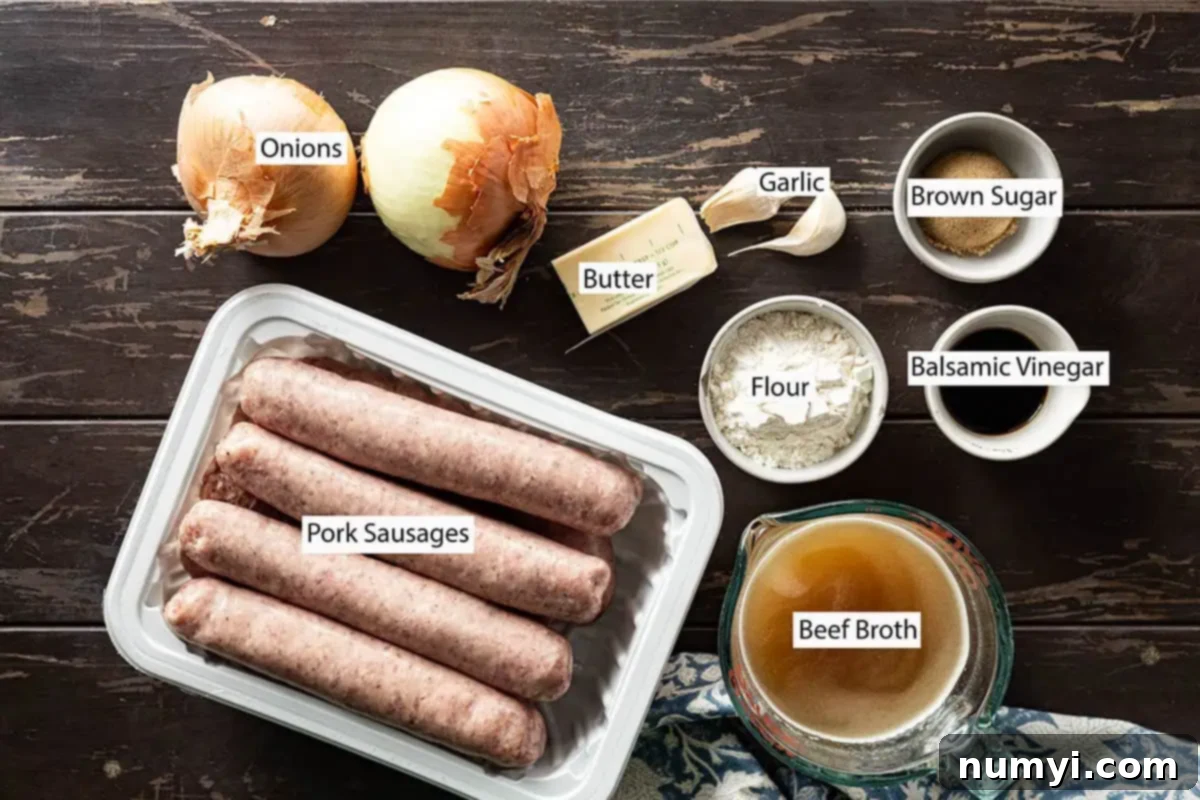 Ingredients: sausages, onion, garlic, butter, brown sugar, balsamic vinegar, flour, beef broth. 