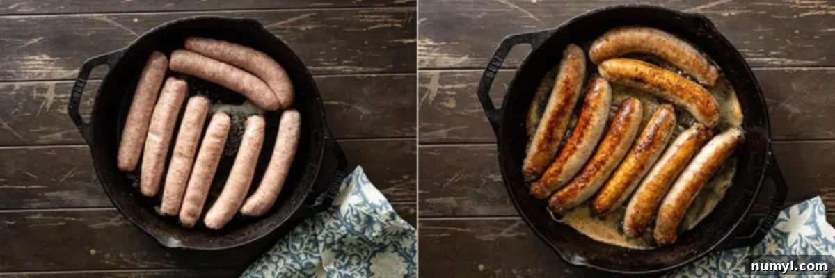 Two pictures showing how to brown the sausages. 