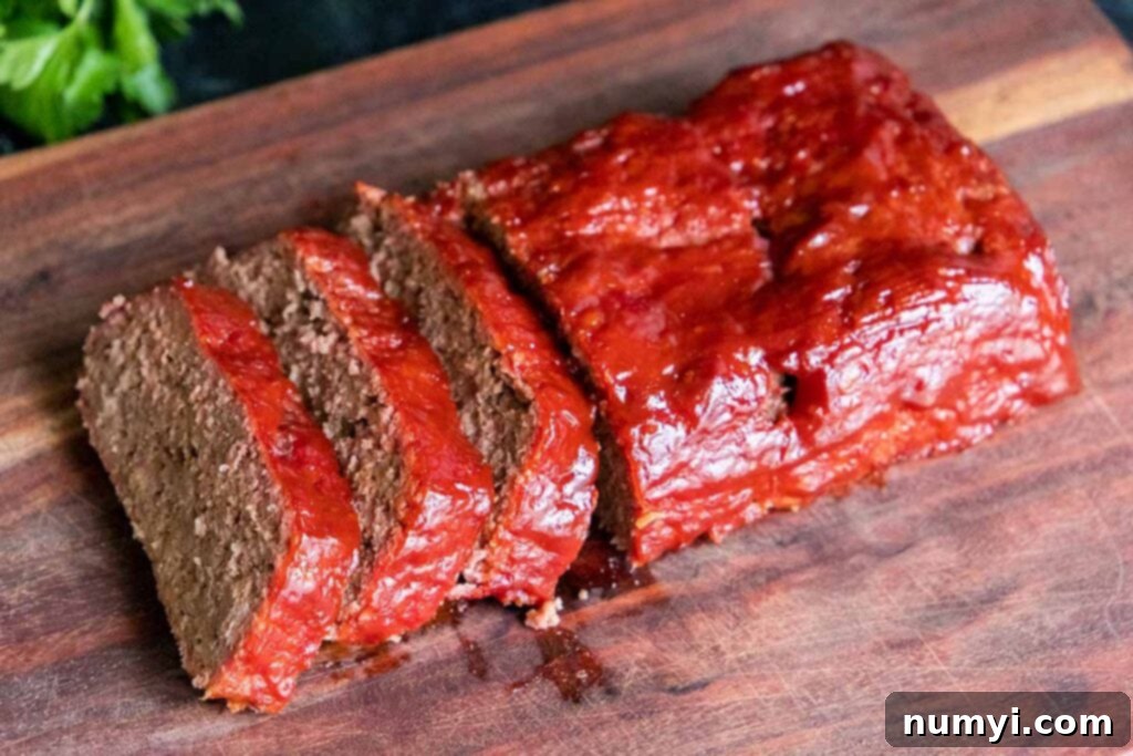 Smoky Meatloaf Perfection 2 Perfectly sliced smoked meatloaf on a cutting board, ready to serve.