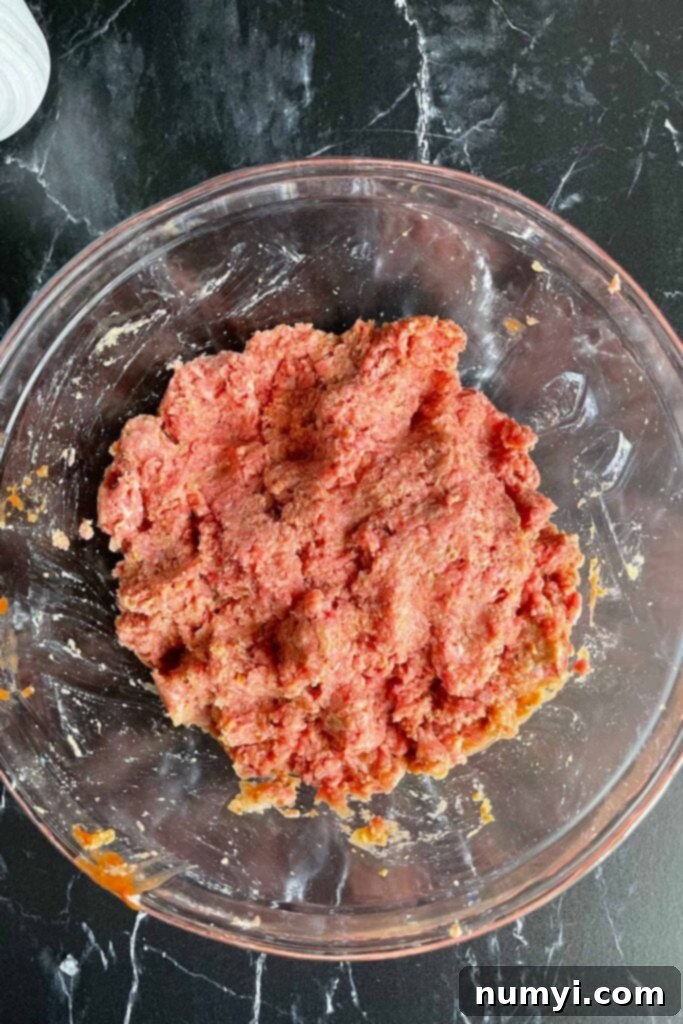Smoky Meatloaf Perfection 6 The well-combined meatloaf mixture resting in a glass bowl.