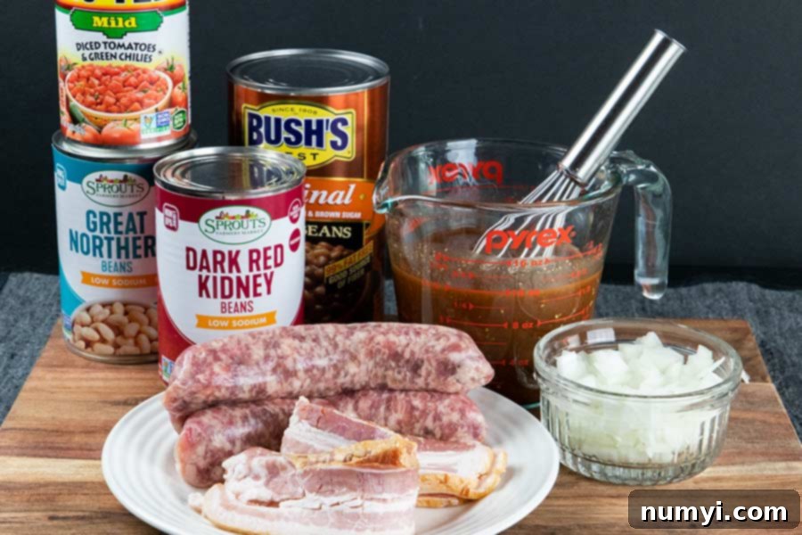 Assorted ingredients for preparing baked beans, including various canned beans, sauces, and spices.