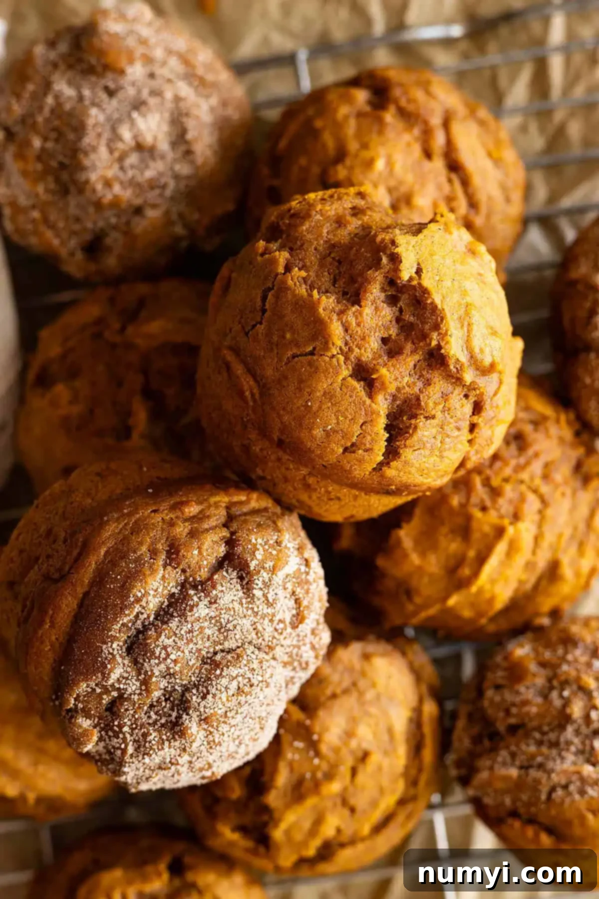 Overhead view of several pumpkin muffins piled together, showcasing their golden-brown tops and inviting texture.