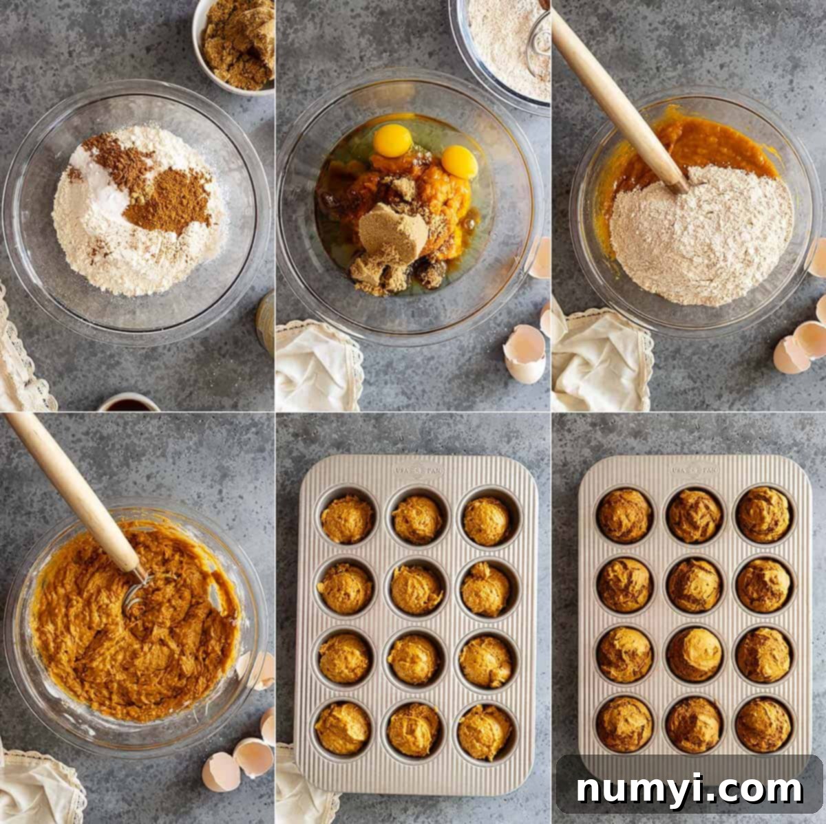 Six pictures showing how to mix, scoop, and bake these pumpkin muffins for a perfect result.