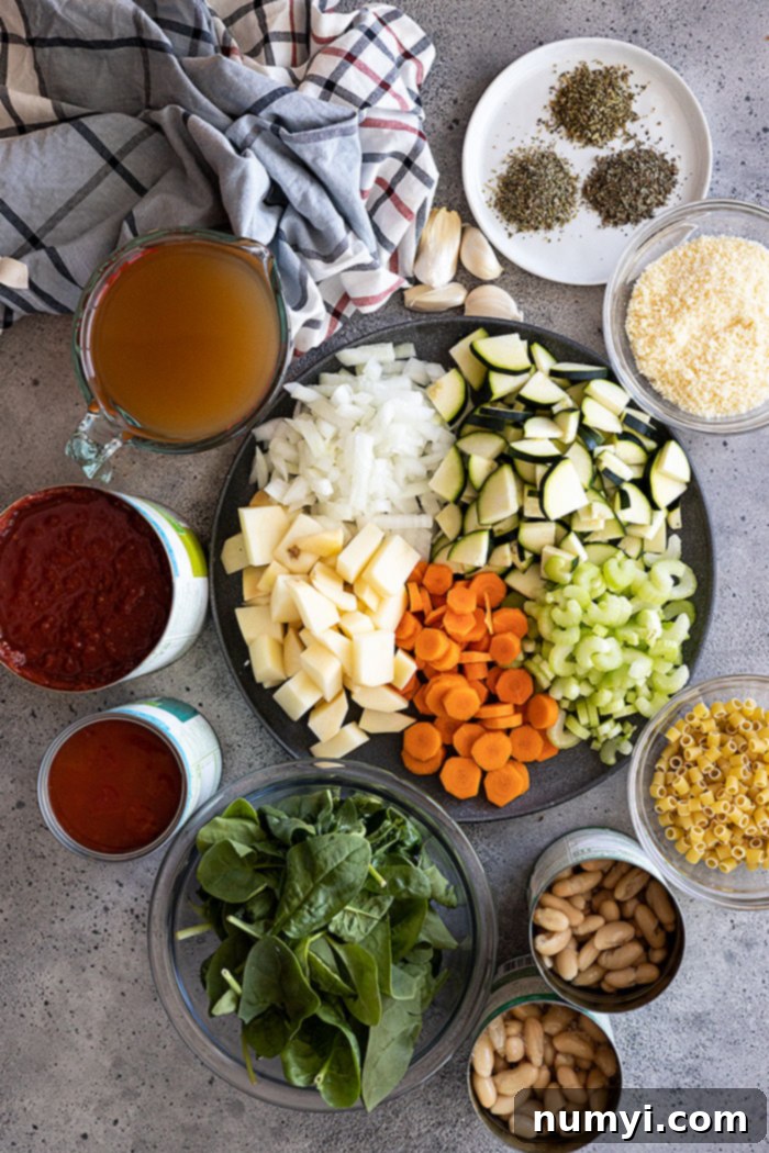 Assorted fresh ingredients laid out for making minestrone soup, including vegetable broth, canned crushed and diced tomatoes, fresh zucchini, potatoes, spinach, onions, carrots, celery, garlic, and dried herbs.