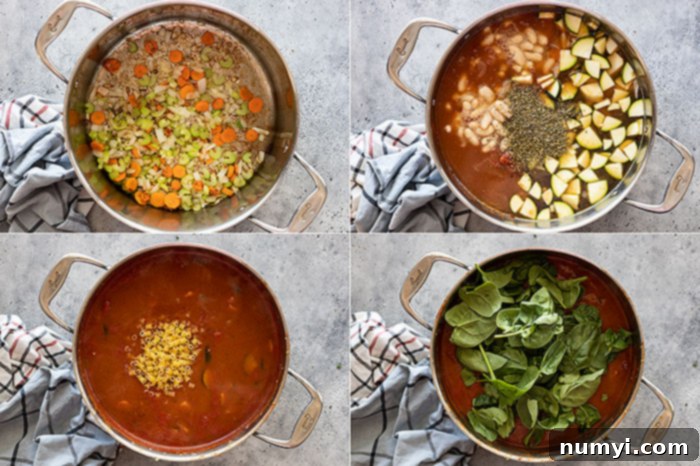 A series of four images demonstrating the easy step-by-step process of making this vegetarian minestrone soup from sautéing vegetables to adding broth and pasta.