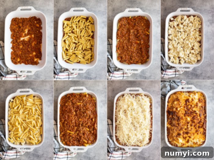 An eight-picture collage illustrating the detailed layering process of baked ziti in a casserole dish.