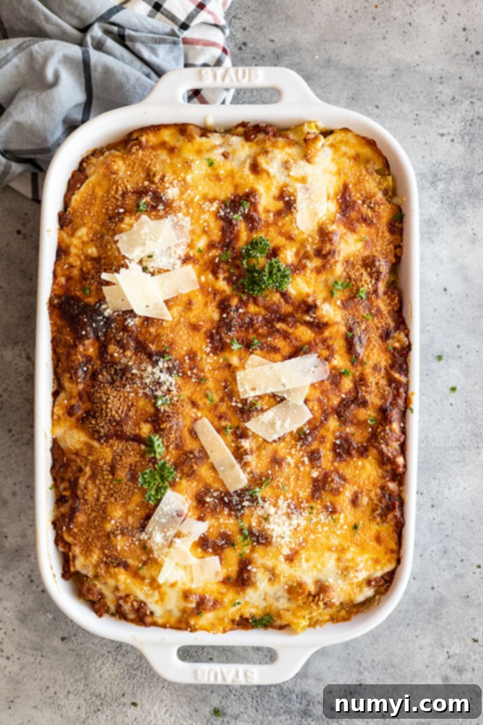 Overhead view of a freshly baked ziti casserole, garnished with fresh Parmesan cheese and chopped parsley, straight from the oven.