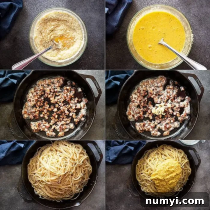 Six pictures showing the steps to make spaghetti carbonara.