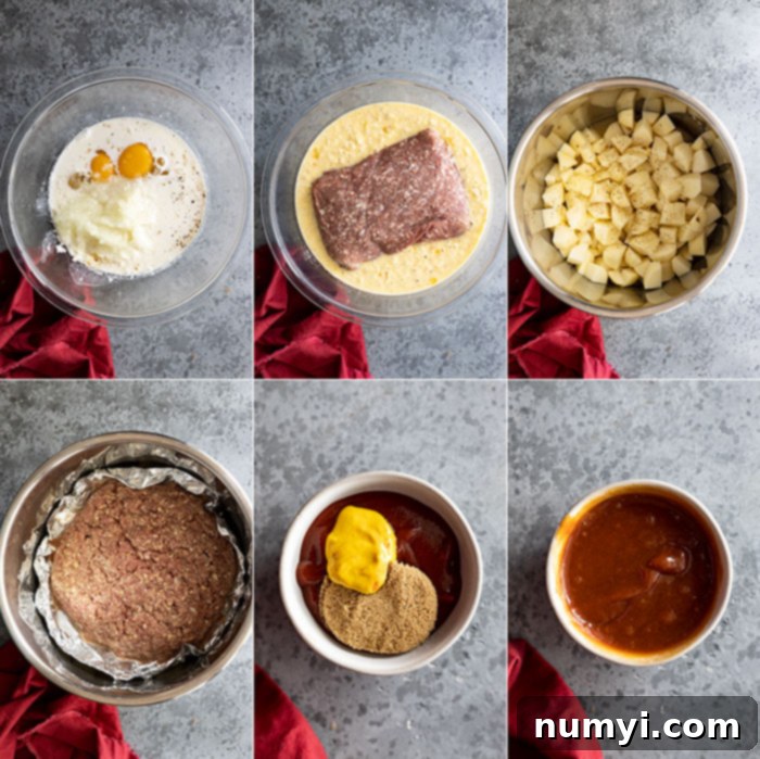 A six-panel collage illustrating the step-by-step process of preparing the Instant Pot Meatloaf and Mashed Potatoes, from combining ingredients to forming the loaf and arranging it in the pot.