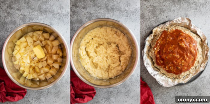 A visual guide showing the final steps of this one-pot meal: expertly mashing the creamy potatoes and applying the glossy, appetizing glaze to the tender meatloaf.