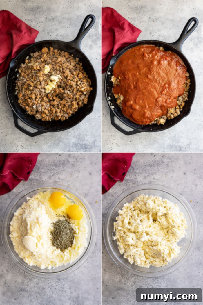 Four pictures: two showing how to make the meat sauce and two showing how to make the cheese mixture.