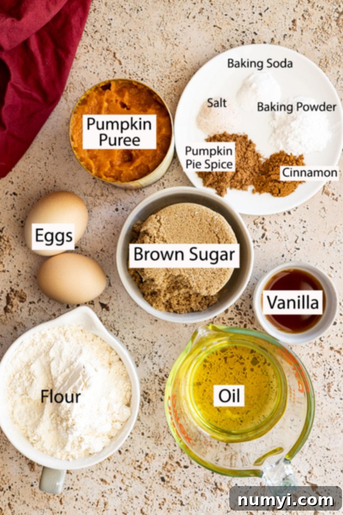 Ingredients to make the pumpkin cake: pumpkin puree, fall spices, eggs, brown sugar, vanilla extract, all-purpose flour, and neutral oil.