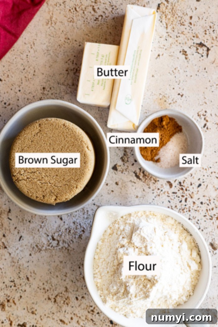 Ingredients for the crumb topping: melted butter, brown sugar, cinnamon, salt, and all-purpose flour.