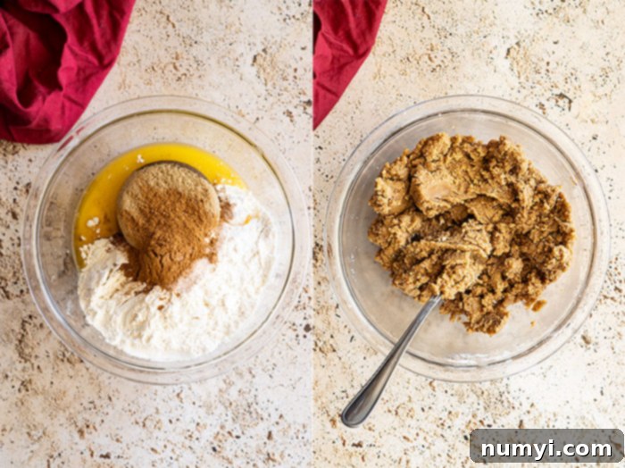 Two pictures showing how to make the crumb topping: first, ingredients in a bowl; second, everything mixed together into a crumbly mixture.