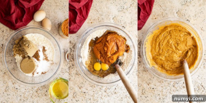 Three pictures illustrating cake batter preparation: dry ingredients in a bowl, wet ingredients added, and finally, all ingredients mixed into a smooth pumpkin batter.