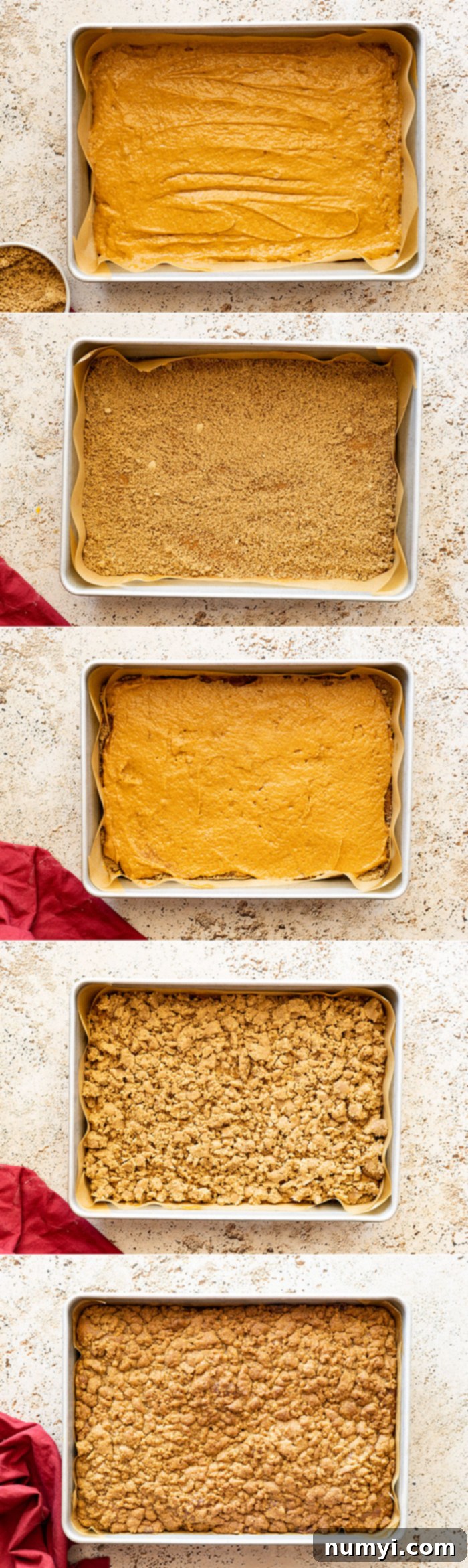 Five pictures showing the layering process of the pumpkin coffee cake: spreading batter, sprinkling filling, adding more batter, topping with streusel, and the finished cake fresh out of the oven.