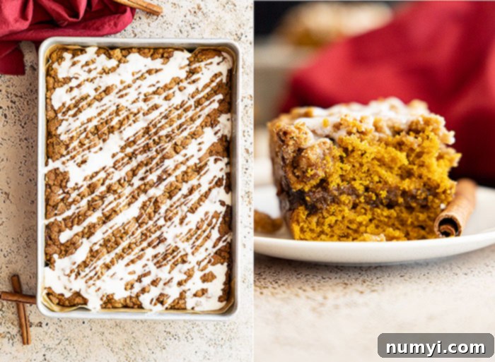 Two pictures of the finished pumpkin coffee cake. One is an overhead view with icing drizzle, the other shows a slice on a white plate with the middle layer visible.