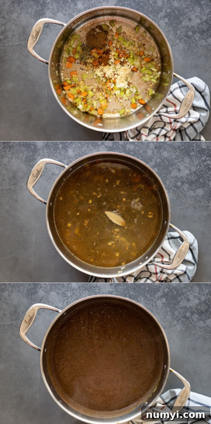 Hearty Black Bean Soup 4 Three pictures showing how to make black bean soup. Sautéing vegetables, adding the remaining ingredients and simmering, then blending.