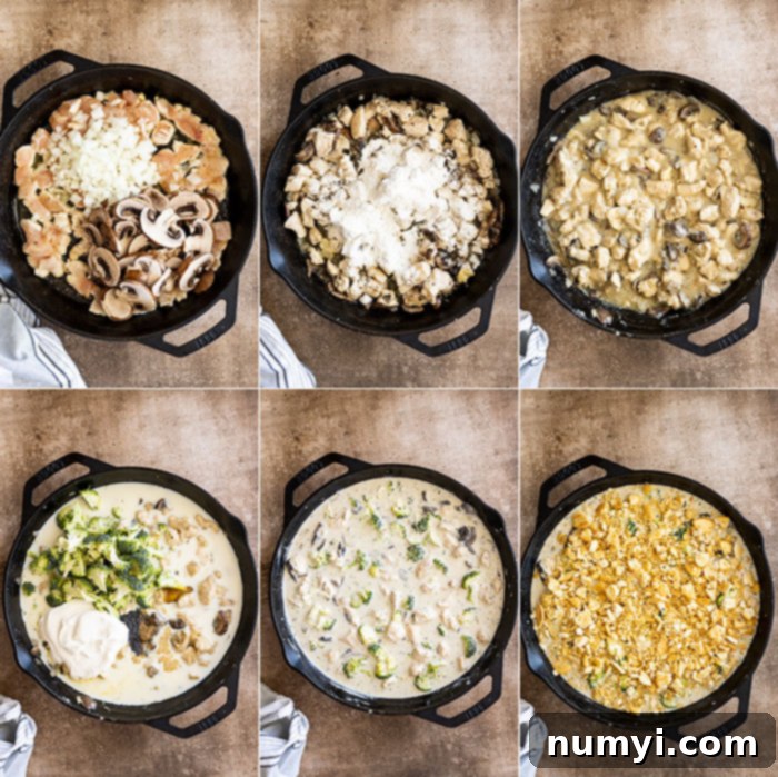 Six pictures showing how to make the casserole: Cooking the chicken and veggies, making the cream sauce, adding in the other ingredients, and adding the topping. 
