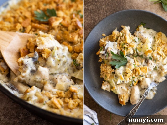Two pictures: one a close up with a spoon in the dish scooping up the casserole and the other is casserole on a dark blue plate.