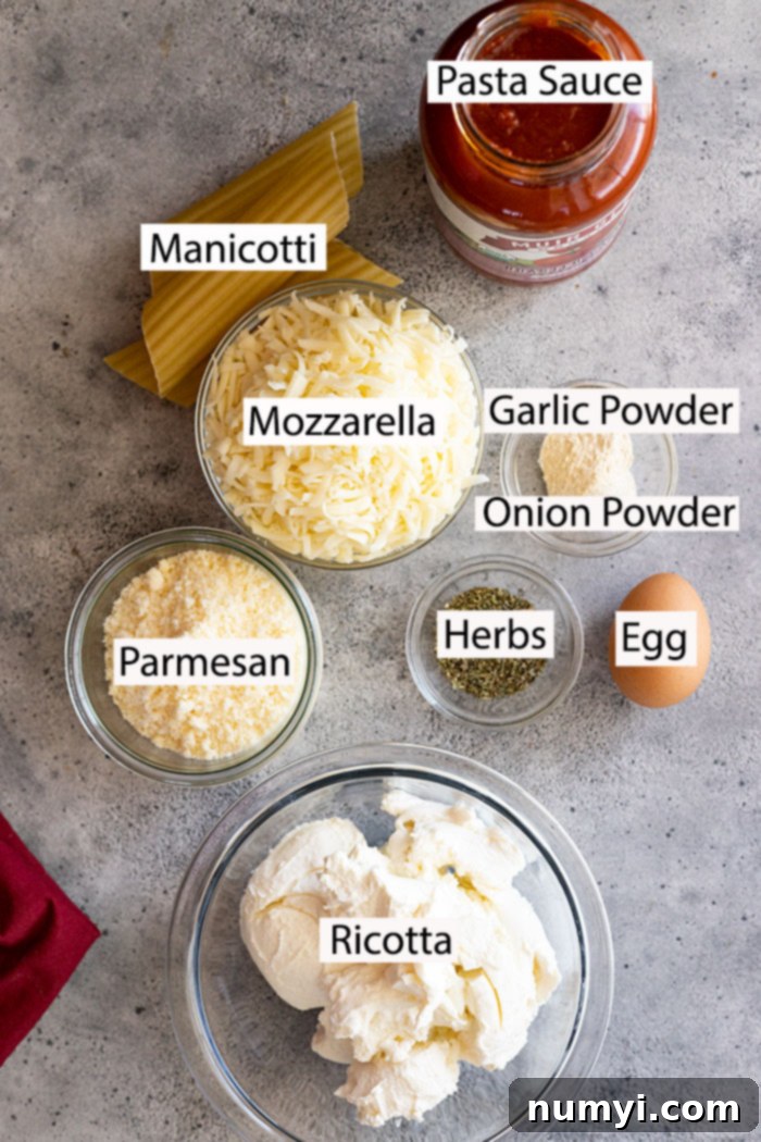 Classic Cheese Manicotti 3 Ingredients for cheese manicotti laid out: fresh ricotta cheese, shredded parmesan, shredded mozzarella, a bowl of mixed herbs, a raw egg, uncooked manicotti shells, and a jar of pasta sauce.