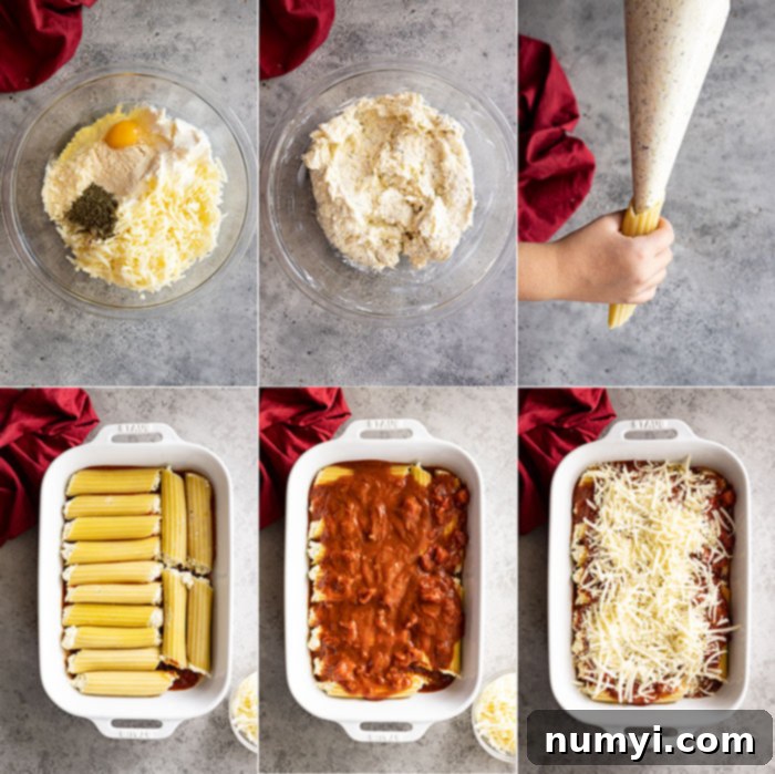Classic Cheese Manicotti 4 A visual guide showing six steps to make cheese manicotti: preparing the cheese filling, carefully filling the pasta shells, arranging them in a casserole dish, covering with marinara sauce, and topping with extra cheese before baking.