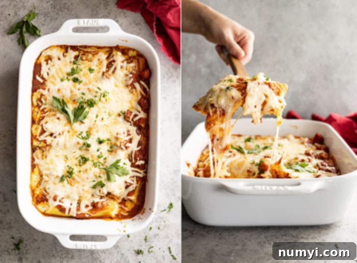 Classic Cheese Manicotti 5 Two enticing pictures: one showing hot, bubbly manicotti fresh from the oven, garnished with vibrant fresh parsley; the second capturing a serving spoon scooping out a portion of the delicious baked pasta.