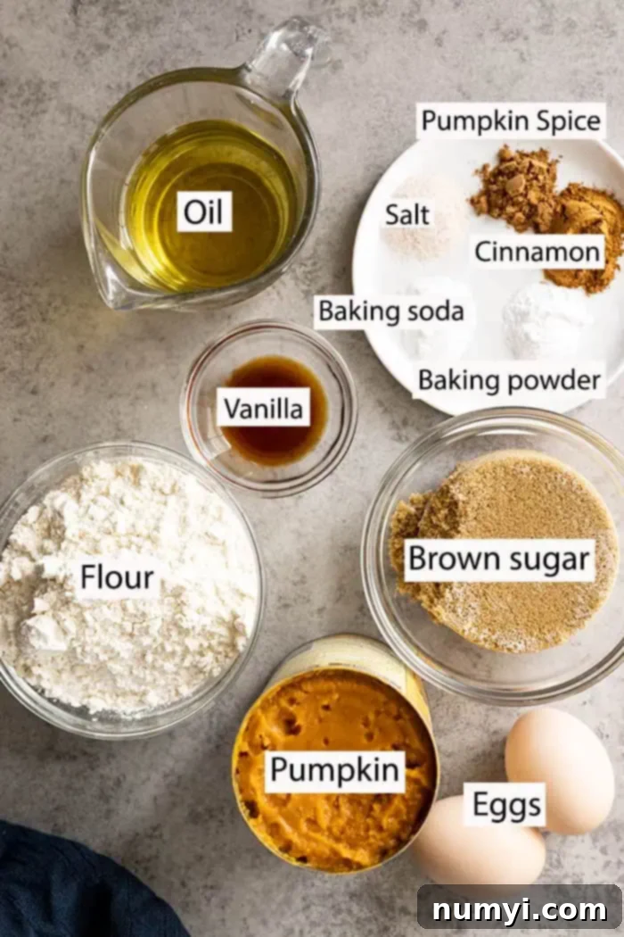 overhead: ingredients needed to make this old fashioned pumpkin bread recipe