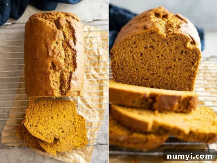 collage with image on the left showing an overhead view of pumpkin cinnamon bread with some sliced, and the image on the left showing a straight on view with some of it sliced