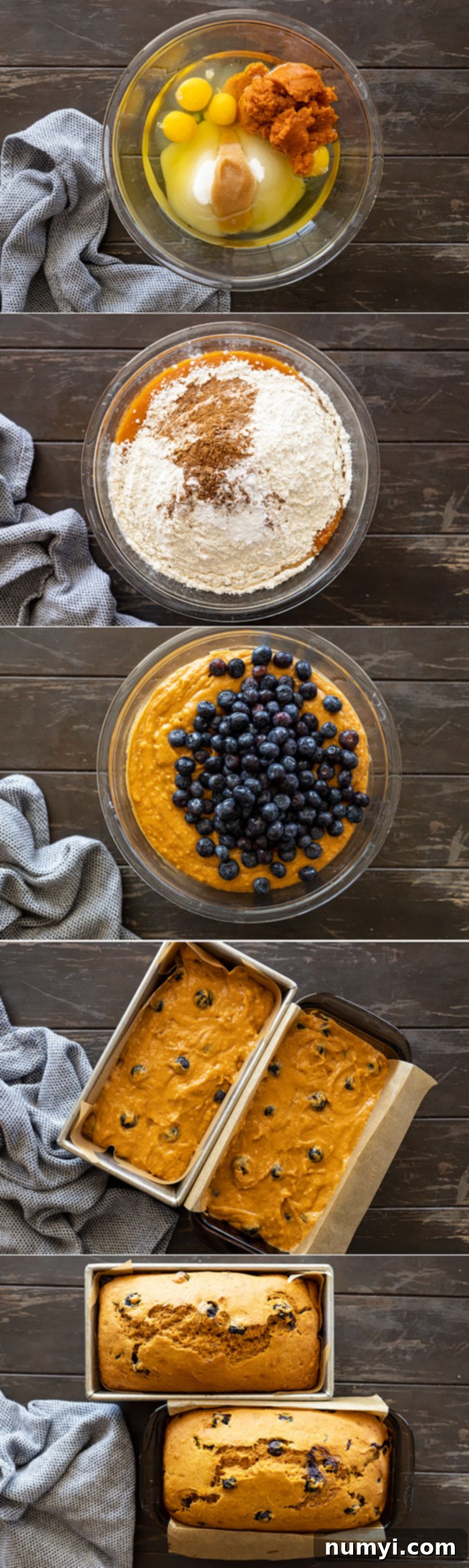 Warm Spiced Pumpkin Blueberry Loaf 4 A collage of five process pictures illustrating how to make pumpkin blueberry bread: 3 pictures show the mixing of ingredients, 1 shows the batter in loaf pans, and the final picture displays two golden-brown loaves fresh from the oven.