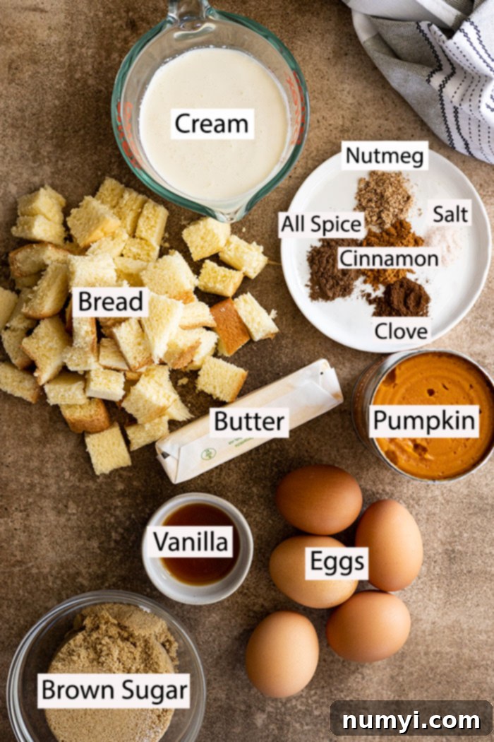 Spiced Pumpkin Bread Pudding 3 Ingredients to make pumpkin bread pudding: cream, bread, butter, brown sugar, vanilla, eggs, pumpkin, and fall spices.