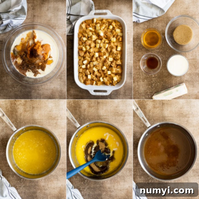 Spiced Pumpkin Bread Pudding 4 Six pictures showing the steps to make this dessert: mixing up the custard, combing with bread, and the remaining showing how to make the caramel sauce.