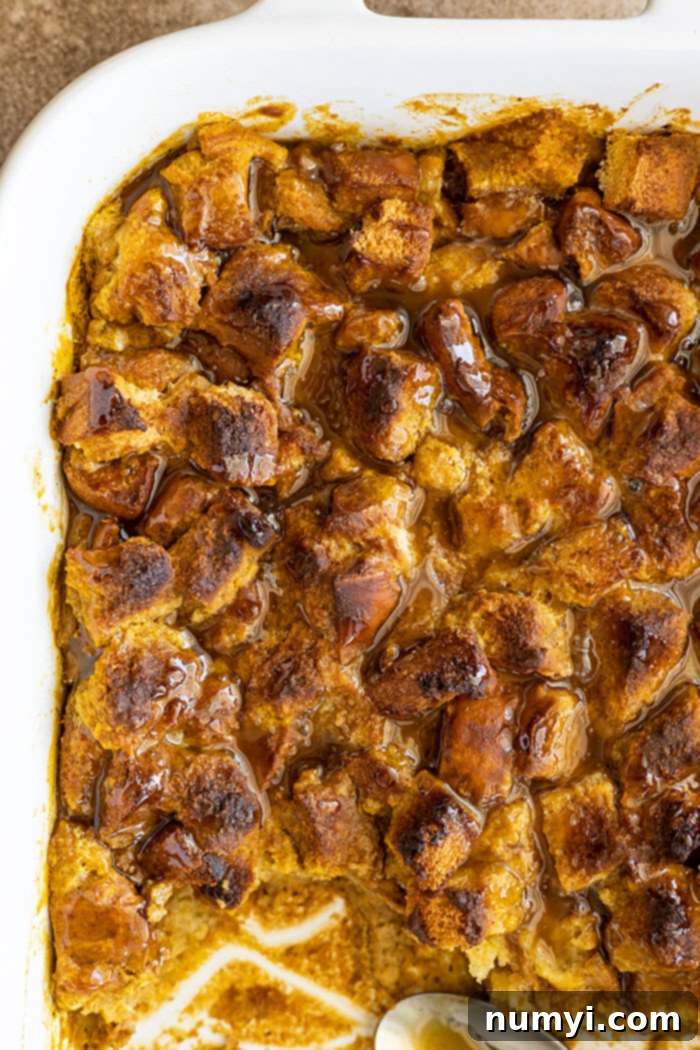 Spiced Pumpkin Bread Pudding 5 Overhead view of pudding drizzled with caramel sauce.