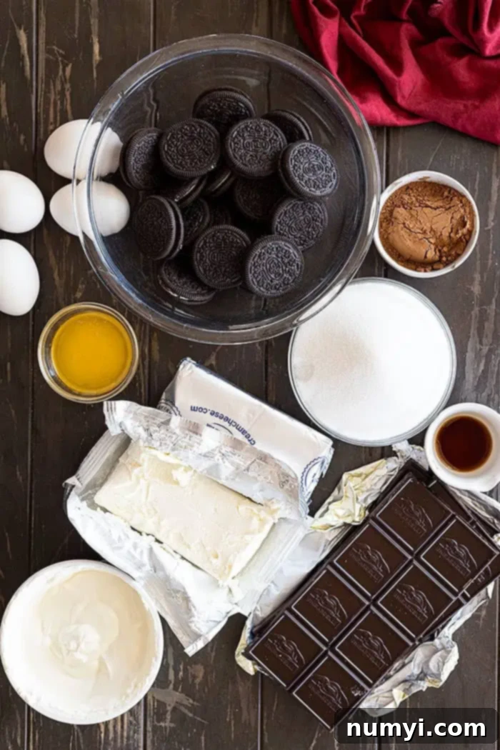 ingredients to make chocolate cheesecake with oreo crust